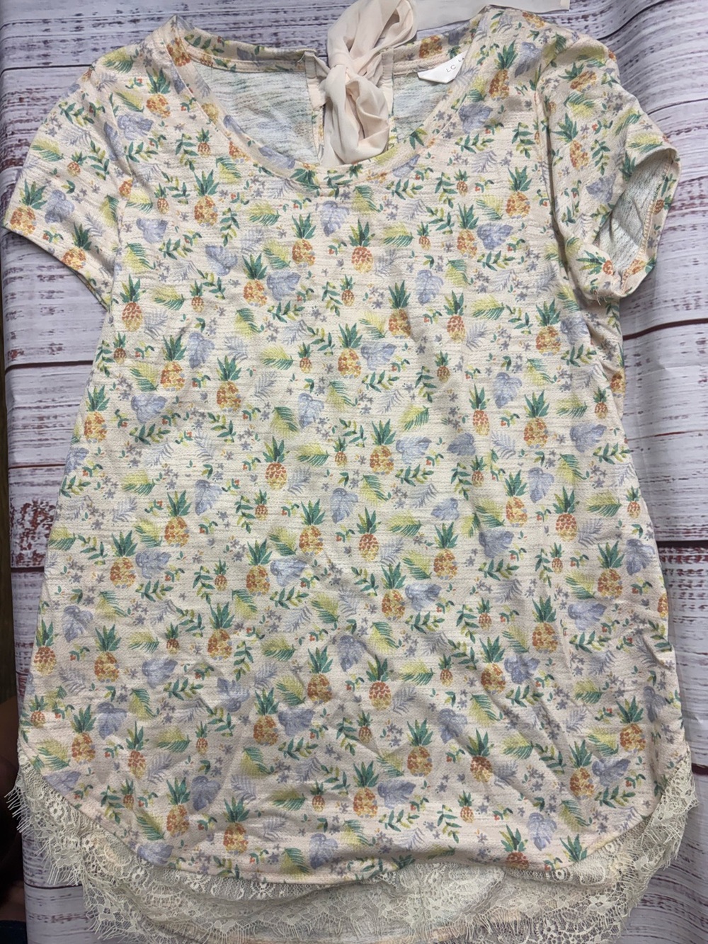 LC Lauren Conrad Cream Pineapple & Floral Lace-Hem Tee